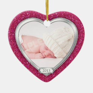Babys First Christmas Pink Silver Photo Xmas Ceramic Tree Decoration