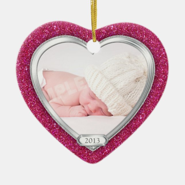 Babys First Christmas Pink Silver Photo Xmas Ceramic Tree Decoration (Front)