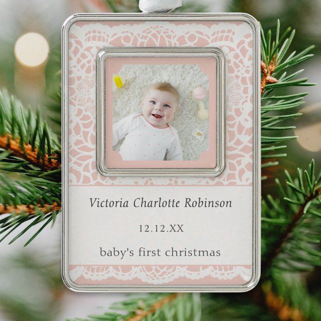 Baby's First Christmas Pink White Lace Photo Silver Plated Framed Ornament (A personalized Christmas photo ornament for baby's first Christmas, in peach with white lace effect)