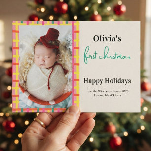 Baby's First Christmas Pink, yellow Plaid Photo Invitation