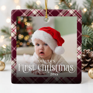 Baby's First Christmas Plaid Photo Ceramic Ornament