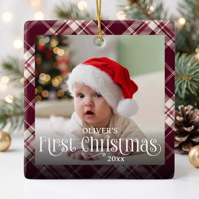Baby's First Christmas Plaid Photo Ceramic Ornament (Creator Uploaded)