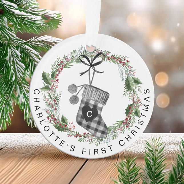 Baby's First Christmas Plaid Stocking Wreath Photo Ornament (Baby's First Christmas Plaid Stocking Wreath Photo Ornament)