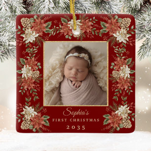 Baby's First Christmas Poinsettia Photo Ceramic Ornament