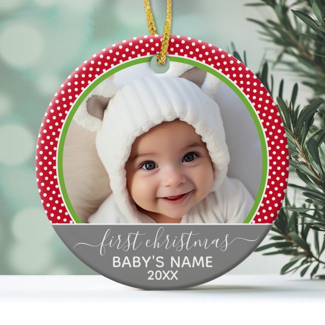 Babys First Christmas - polka dots photo Ceramic Tree Decoration (Personalized Photo Ornament - Baby's First Christmas)