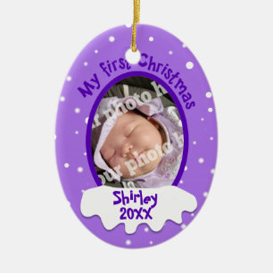 Baby's First Christmas Purple Personalised Photo Ceramic Tree Decoration