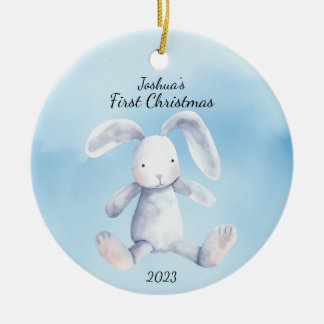 Baby's First Christmas Rabbit Blue Personalised Ceramic Tree Decoration