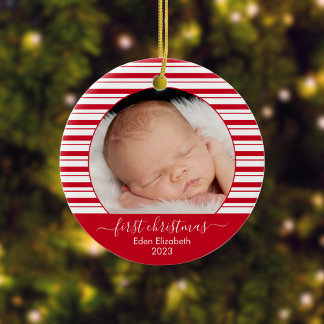 Baby's First Christmas Red Candy Cane Ceramic Tree Decoration