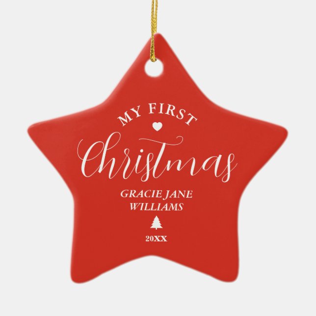 Baby's First Christmas Red Custom Name Keepsake  Ceramic Tree Decoration (Front)