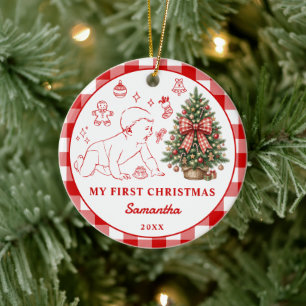 Baby's First Christmas Red Gingham Bow Photo Ceramic Tree Decoration