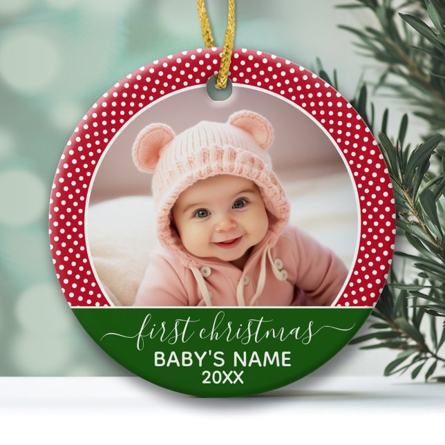 Babys First Christmas - Red Polka Dots Ceramic Tree Decoration (Baby's First Christmas Photo Ornament - Red and Green)