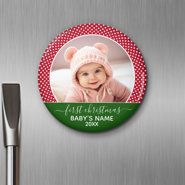 Babys First Christmas - Red Polka Dots Magnet (Personalized Fridge Magnet - Add Custom Text)