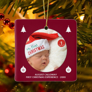 Baby's First Christmas Red White Custom Name Photo Ceramic Ornament