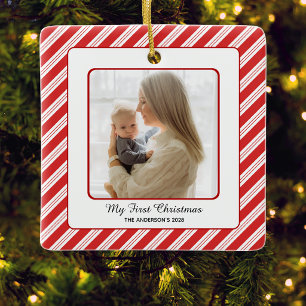 Babys First Christmas Red White Stripe Photo Ceramic Ornament