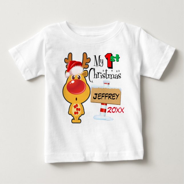 Baby's First Christmas Reindeer Custom Baby T-Shirt (Front)