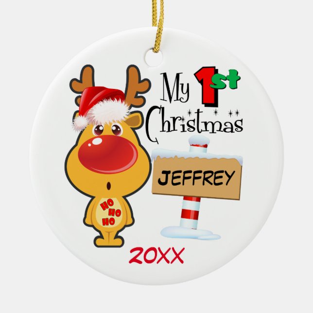 Baby's First Christmas Reindeer Custom Ceramic Tree Decoration (Front)