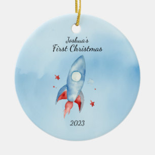 "Baby's First Christmas Rocket Personalised Ceramic Tree Decoration