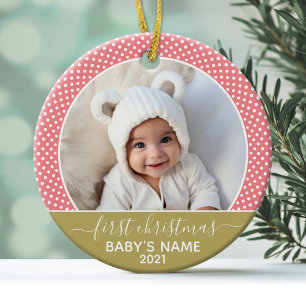 Babys First Christmas - Rose Gold Polka Dots Metal Tree Decoration