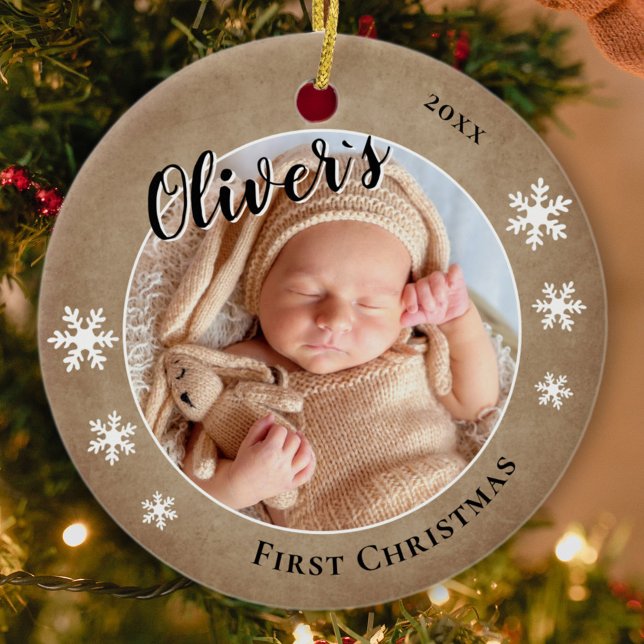 Baby's First Christmas Rustic Name Photo  Ceramic Tree Decoration (Creator Uploaded)
