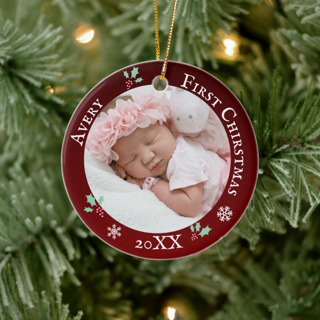 Baby's first Christmas Rustic red custom name Ceramic Tree Decoration (Tree)