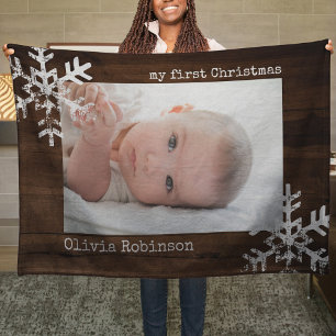 Baby's First Christmas Rustic Wood Photo Snowflake Fleece Blanket