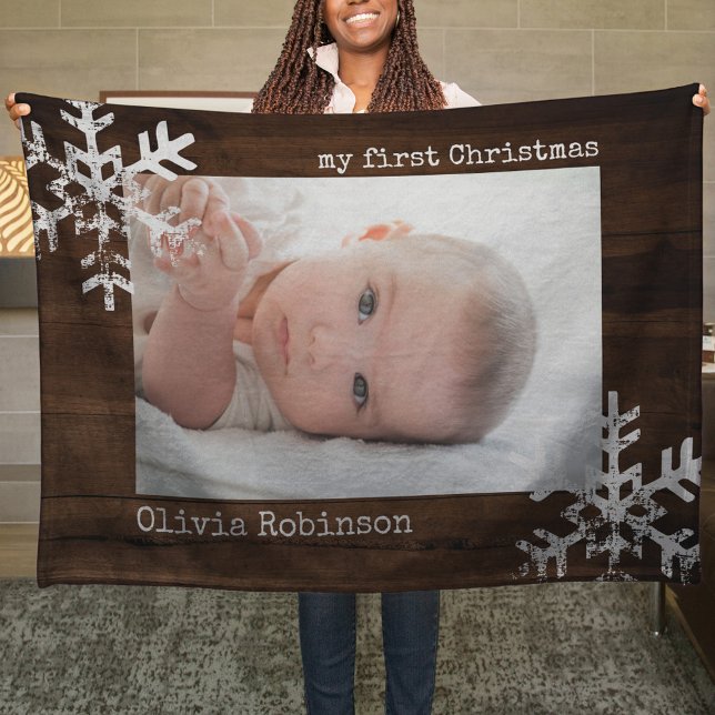 Baby's First Christmas Rustic Wood Photo Snowflake Fleece Blanket (Snowflake Baby's 1st Christmas holiday keepsake photo ornament perfect to bring joy to others.)