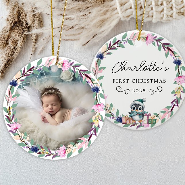 Baby's First Christmas – Rustic Wreath & Photo Ceramic Tree Decoration (Baby's First Christmas – Rustic Wreath & Photo Ceramic Ornament)