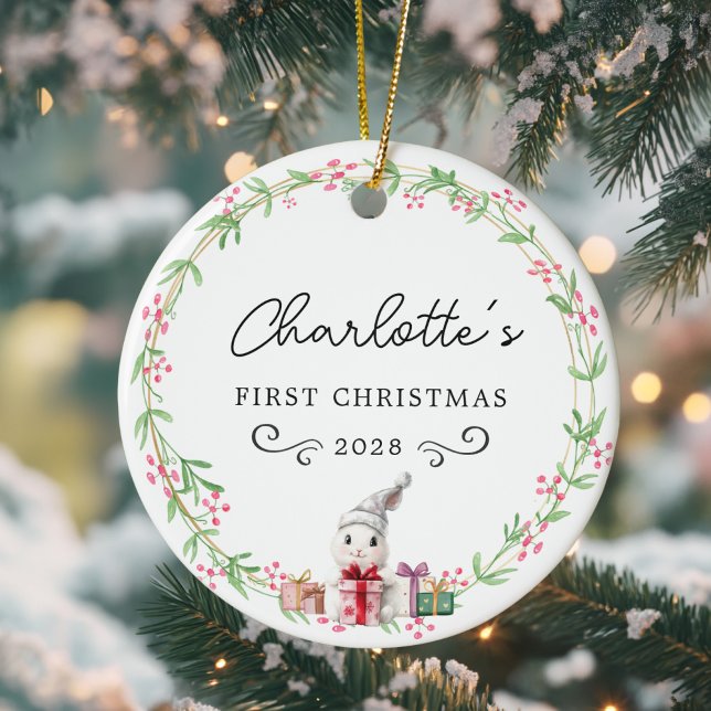Baby's First Christmas–Rustic Wreath & Rabbit Ceramic Tree Decoration (Beautiful, Personalized, Baby's First Christmas–Rustic Wreath & Rabbit-Santa Hat, Ceramic Ornament.)
