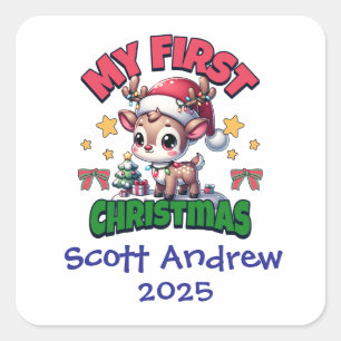 Baby's First Christmas Santa Deer Personalised Square Sticker