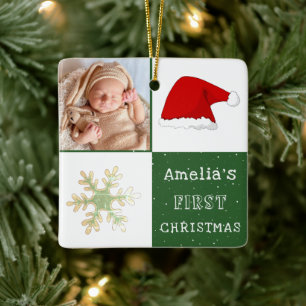Baby's first Christmas Santa Hat Snowflake Photo Ceramic Ornament