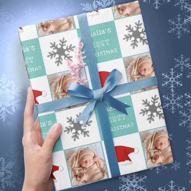 Baby's first Christmas Santa Hat Snowflake Photo  Wrapping Paper (Creator Uploaded)