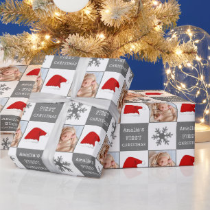 Baby's first Christmas Santa Hat Snowflake Photo  Wrapping Paper