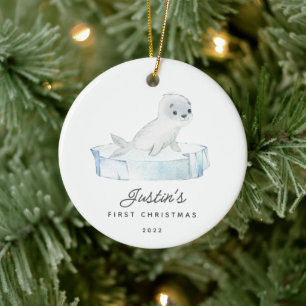 Baby's First Christmas Seal 2 Sided Photo Ceramic Tree Decoration