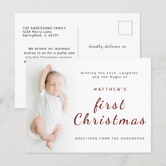 Baby's First Christmas Simple 1 Photo Holiday Postcard
