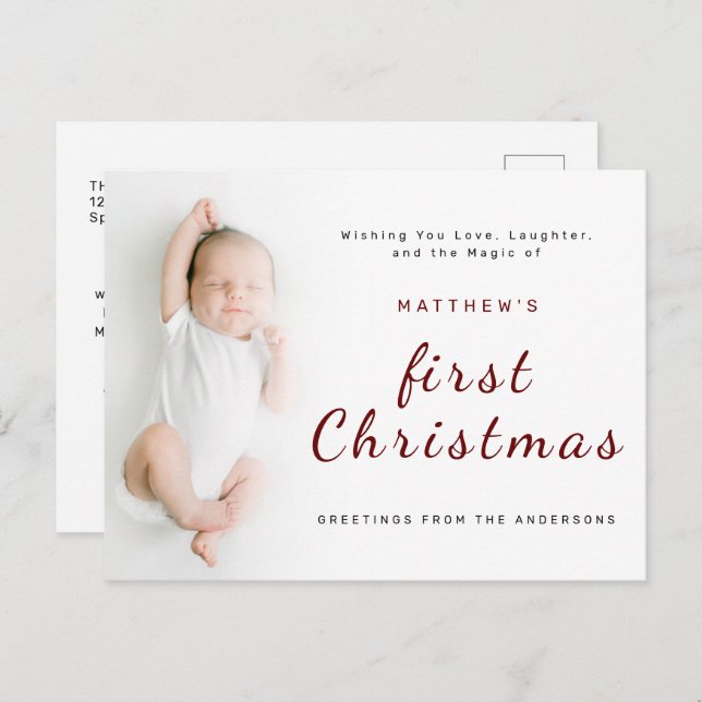 Baby's First Christmas Simple 1 Photo Holiday Postcard (Front/Back)
