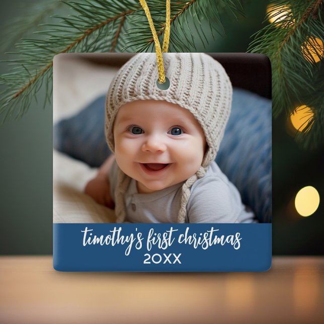 Baby's First Christmas - Simple Baby Blue Boy Ceramic Ornament (Personalized photo ornament)
