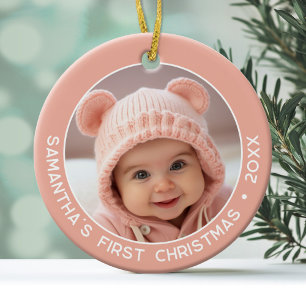 Baby's First Christmas - Simple Coral Pink Girl Ceramic Tree Decoration