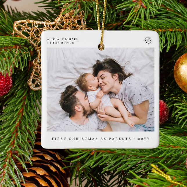 Baby's First Christmas simple minimal family photo Ceramic Ornament (Creator Uploaded)