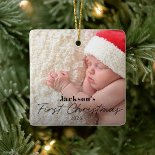 Baby's First Christmas Simple Modern Photo Ceramic Ornament