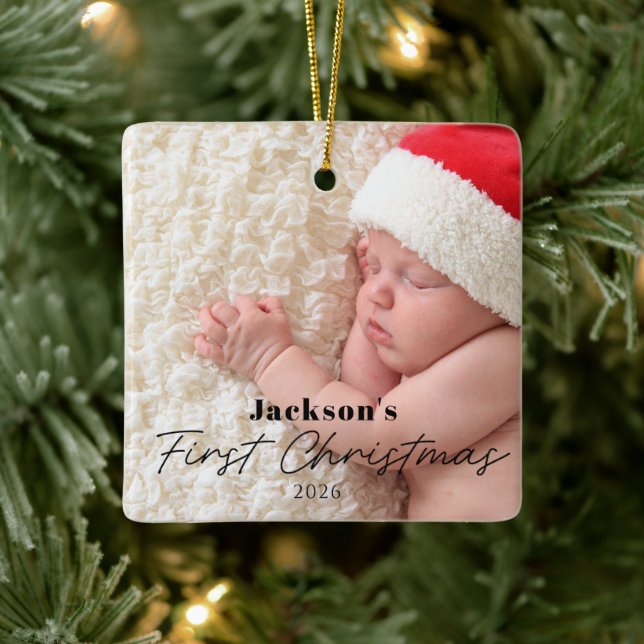 Baby's First Christmas Simple Modern Photo Ceramic Ornament (Tree)