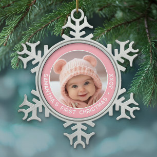 Baby's First Christmas - Simple Pastel Pink Girl Snowflake Pewter Christmas Ornament