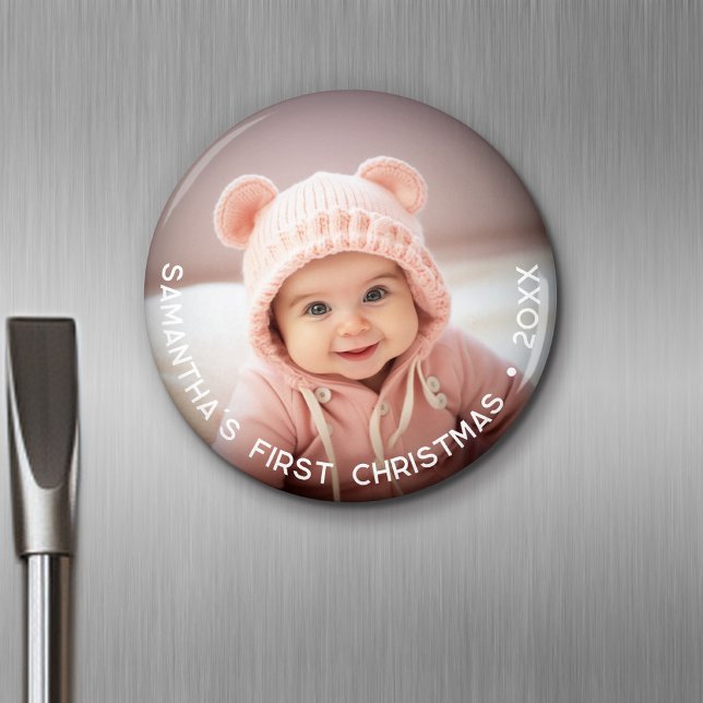 Baby's First Christmas - Simple Photo curved type Magnet (Personalized Fridge Magnet - Add Custom Text)