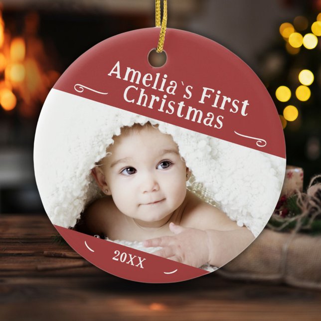 Baby's First Christmas Simple Red Photo Keepsake  Ceramic Tree Decoration (Creator Uploaded)