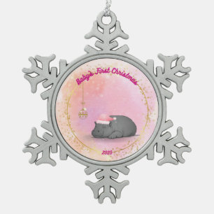 Baby's First Christmas Snowflake 2025 - Hippo Snowflake Pewter Christmas Ornament