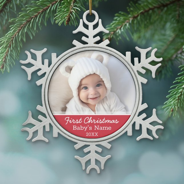Baby's First Christmas Snowflake Pewter Christmas Ornament (Baby's First Christmas Ornament with a cute photo and red accents)