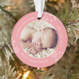 Baby's First Christmas Snowflakes Birth Stats Pink Ornament