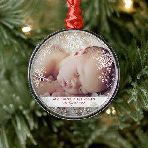 Baby's First Christmas Snowflakes Red Silver Metal Tree Decoration
