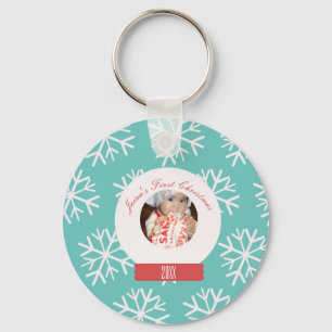 Baby's First Christmas Snowglobe Snowflakes Teal   Key Ring