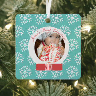 Baby's First Christmas Snowglobe Snowflakes Teal Metal Tree Decoration