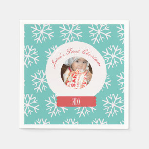 Baby's First Christmas Snowglobe Snowflakes Teal Napkin